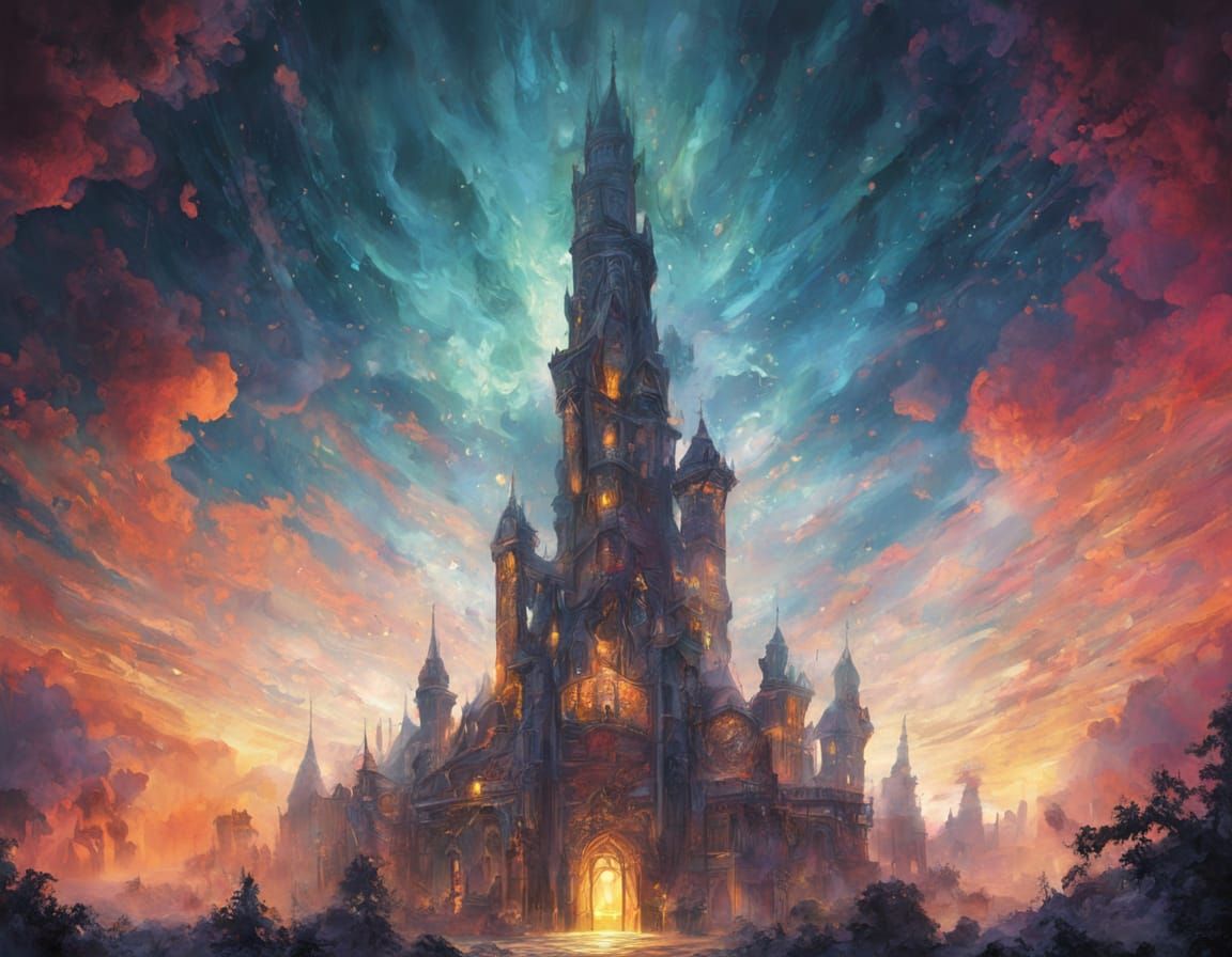 Ethereal Castle in Vibrant, Fernand Leger-Inspired Splendor