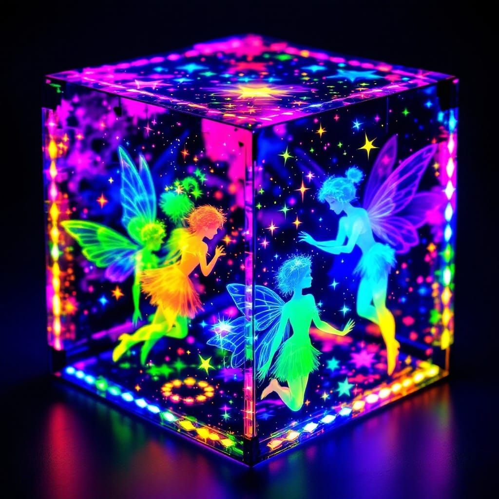 Vibrant Hyperdimensional Cubes Containing Glowing Fairies