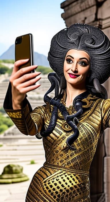 Gorgon Medusa taking a selfie with a smart phone, hair of ve...