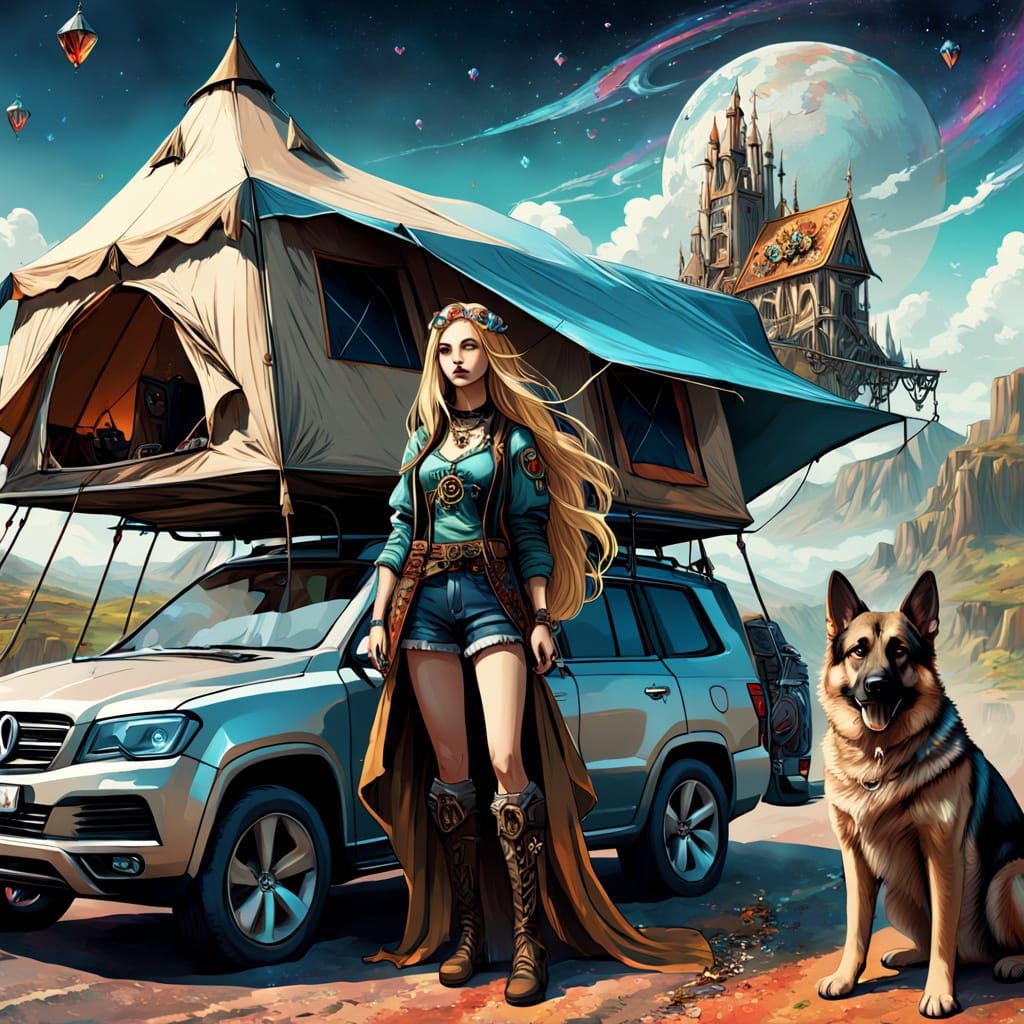 Surreal Hippie Woman With Dog Beside Jeweled Road