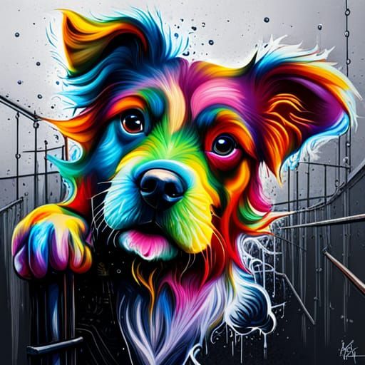 Vibrant Street Art Puppy Created in High Contrast Graffiti S...