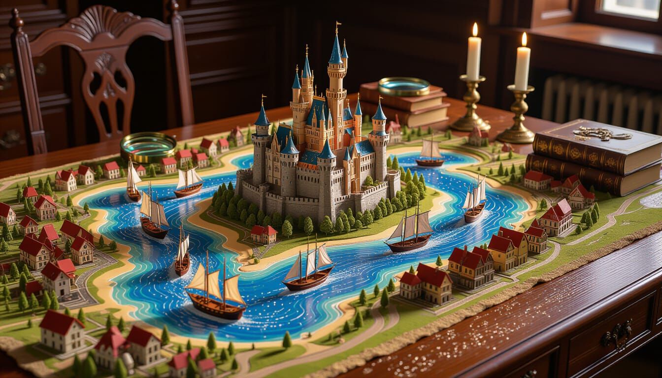 Detailed Medieval Kingdom Map on Wooden Desk