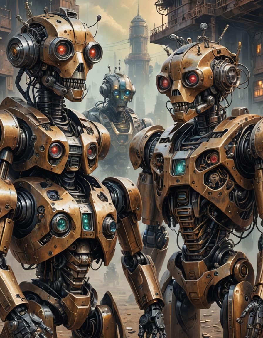 Epic Maximalist Robots in Fanciful Fantasy Novel Cover