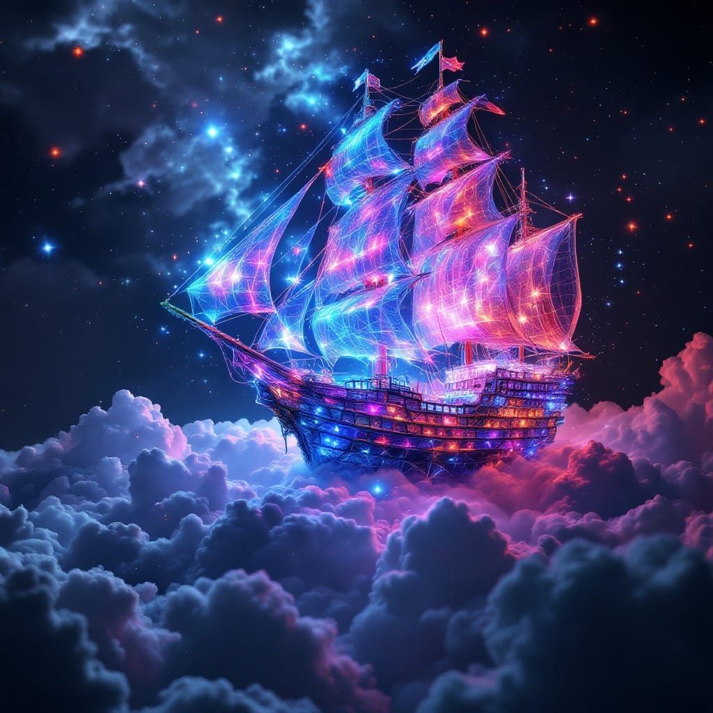 Iridescent Pirate Ship in Cosmic Dreamscapes