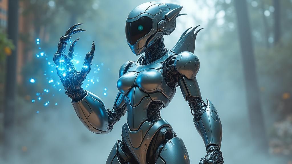 Cyberpunk Crab Woman Unleashes Energy Cannon