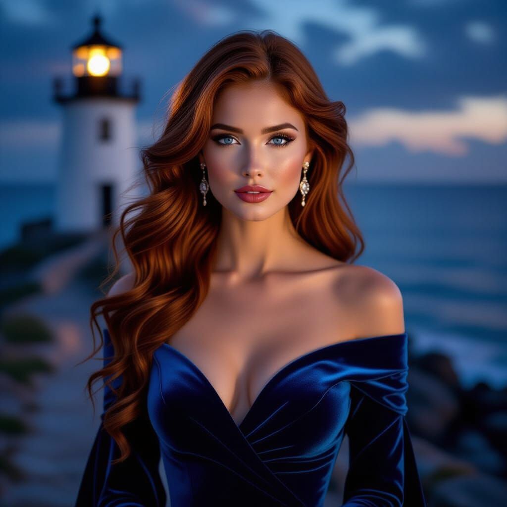Auburn-Haired Woman in Blue Velvet Dress
