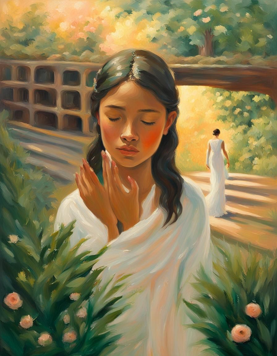 Ethereal Woman Approaches Golden Portal in Lush Paradise