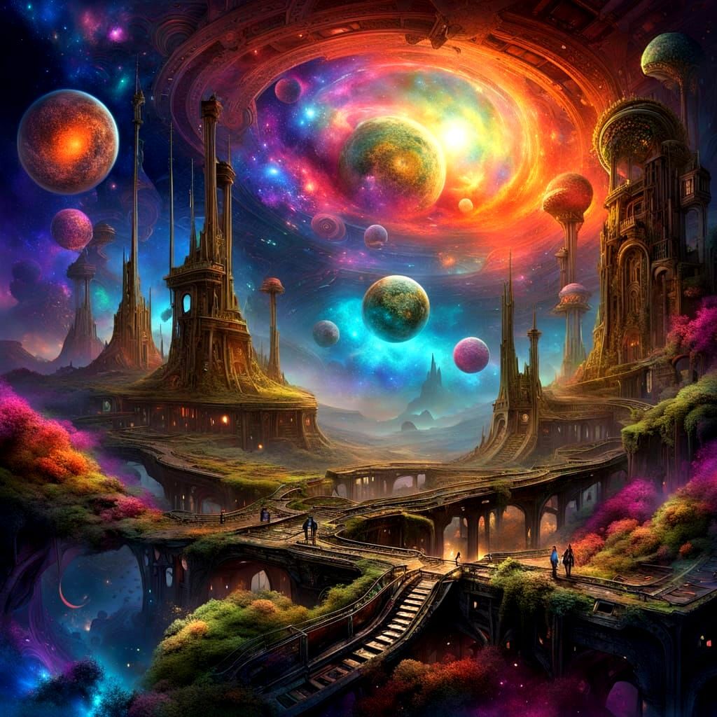 Clockwork City in Crater Amidst Cosmic Dust