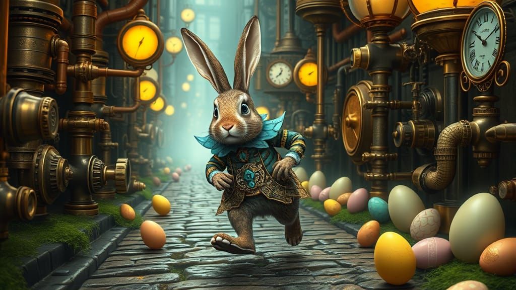 Steampunk Easter Bunny in Whimsical Sci-Fi Landscape