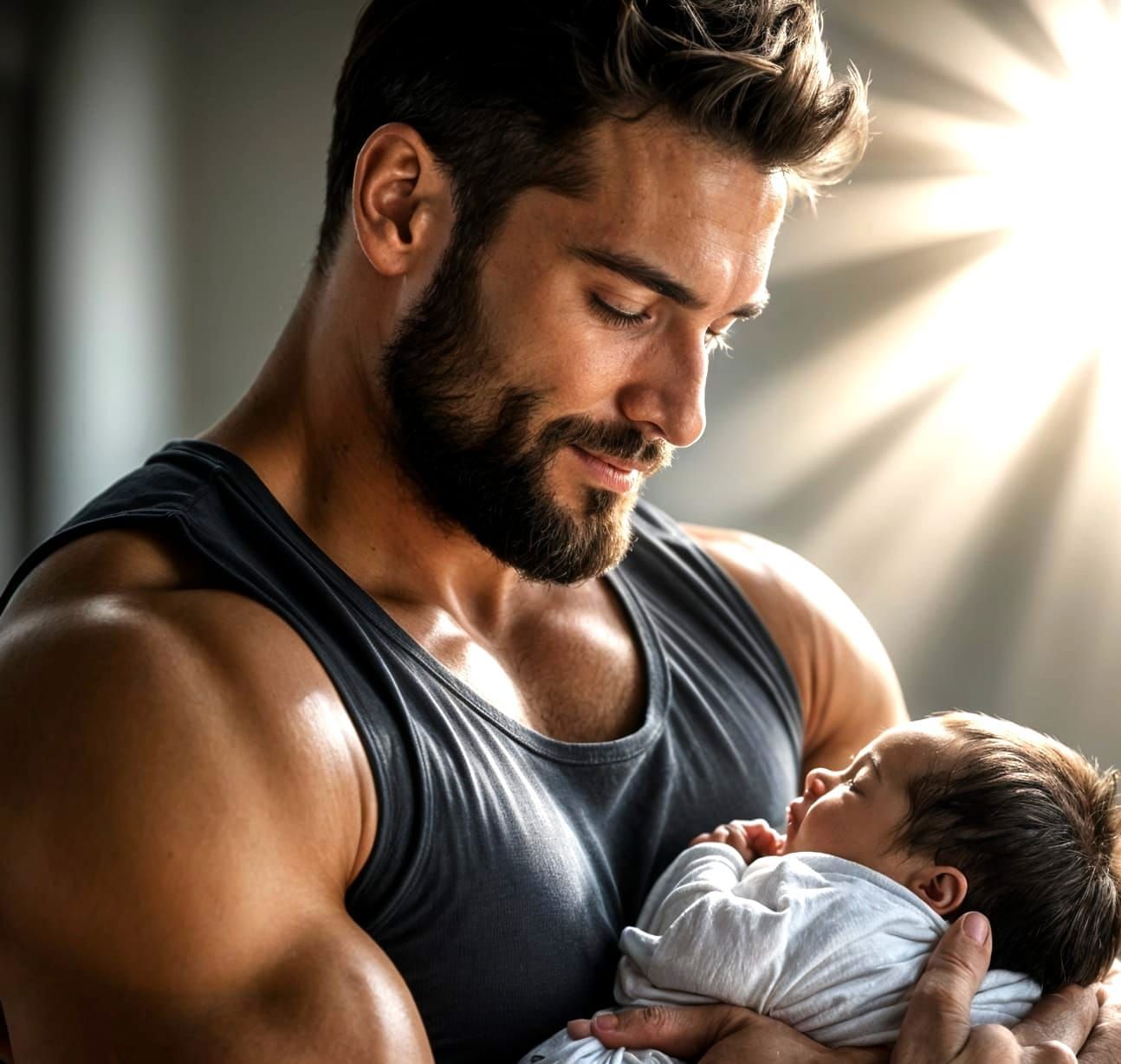 Tender Moment: Muscular Man Holding Newborn