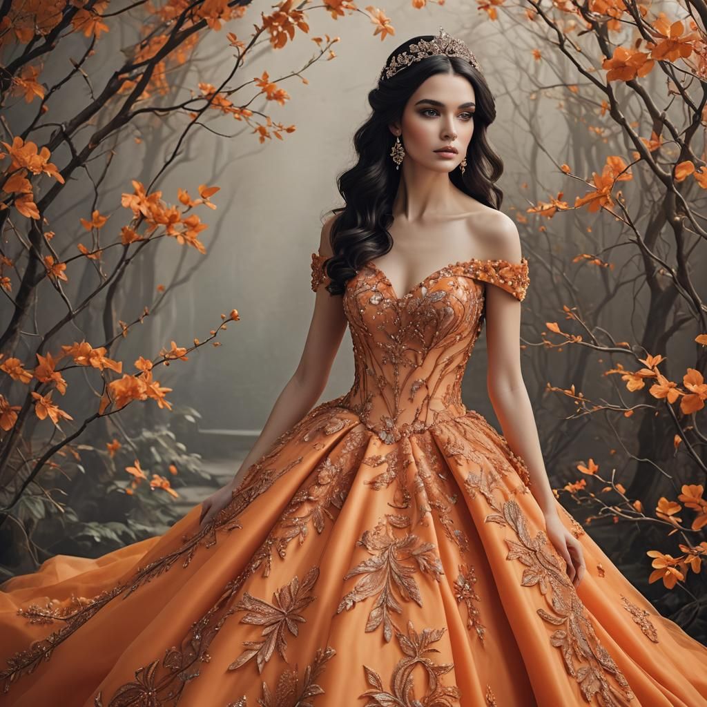 Majestic Dark Haired Princess in Vibrant Orange Fantasy Gown