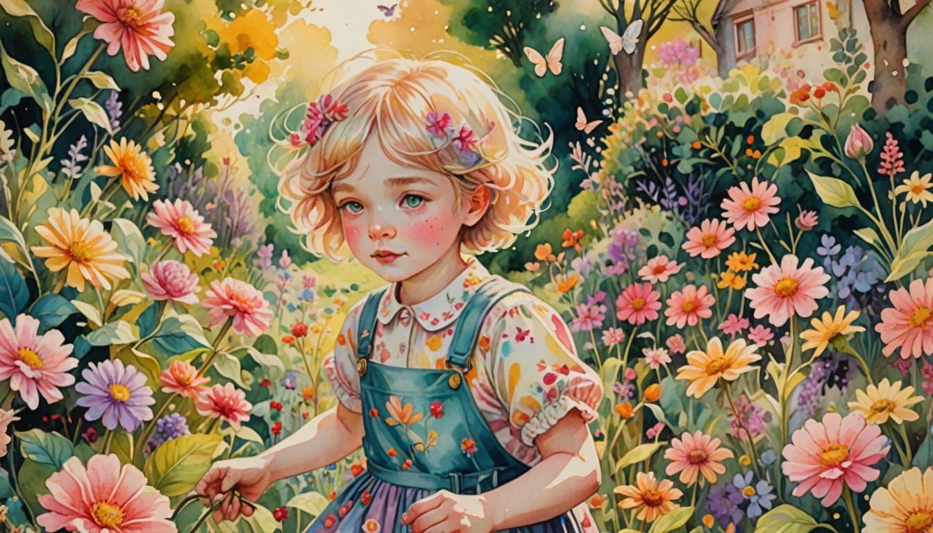 Whimsical Kidcore Garden Scene in Watercolor