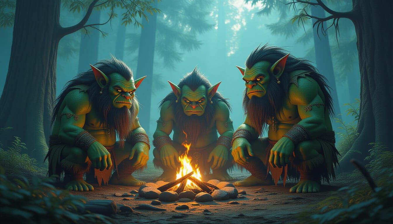 Forest Trolls at Campfire: Detailed Matte Painting