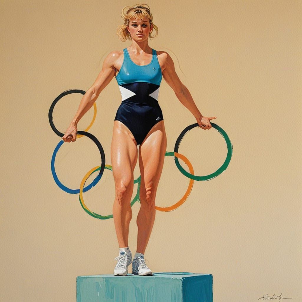 Confident Olympic Weightlifter Holds Olympic Rings in Golden...