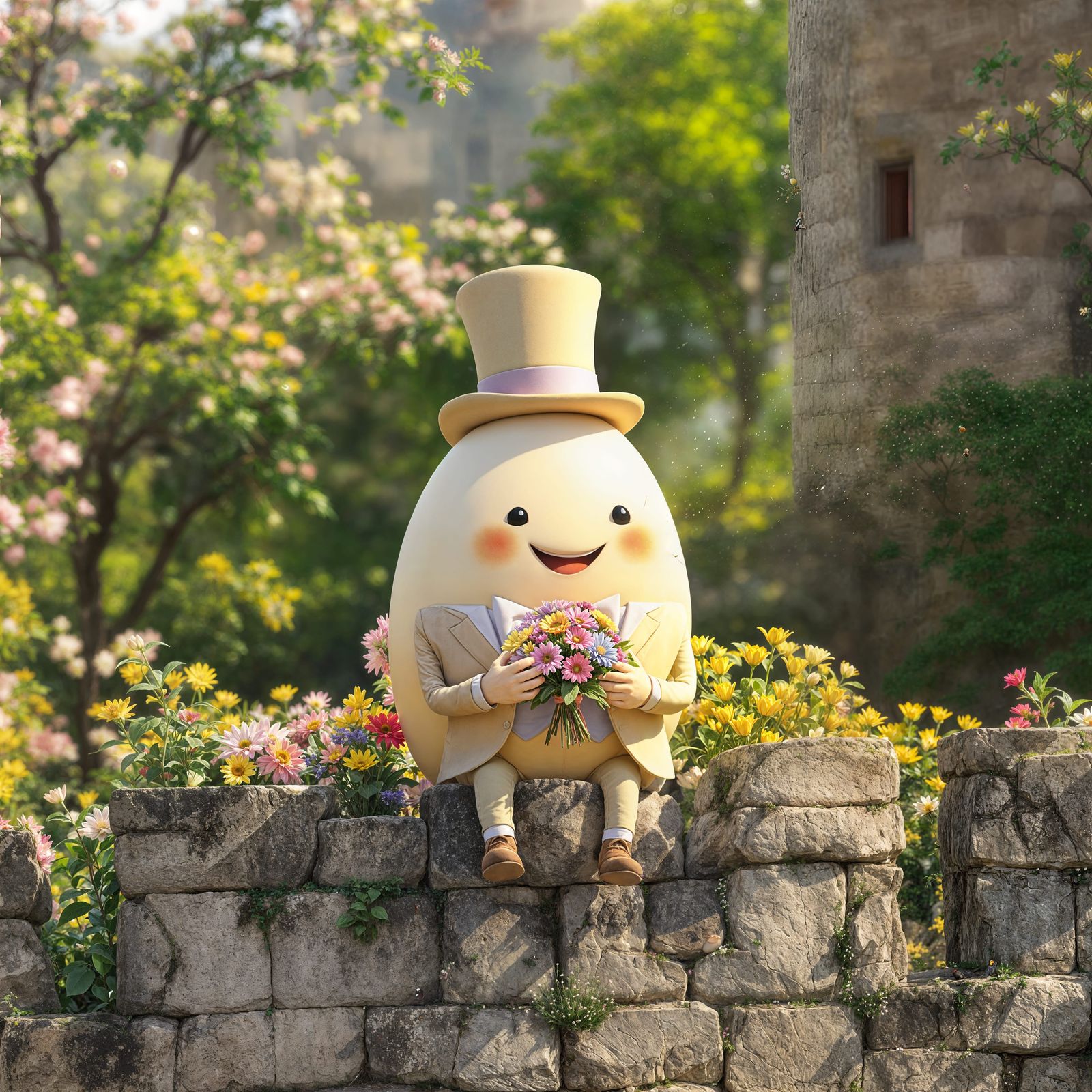 Cheerful Cartoon Egg Enjoys Springtime