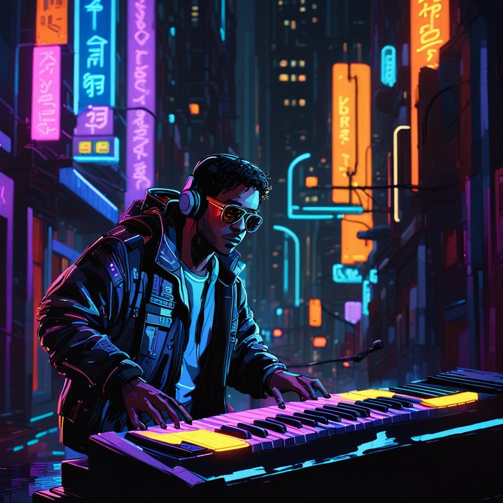 Futuristic Musician in Neon Cityscape