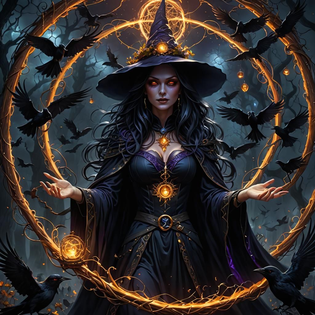 Ethereal Witch Bends Arcane Energy Under Celestial Darkness