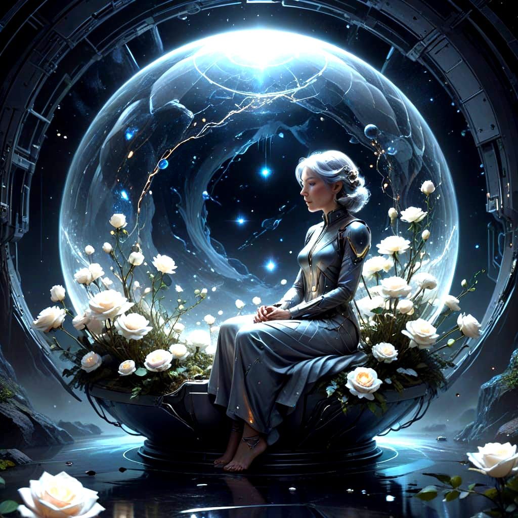 Mature Woman in Cosmic Ovoid Surrounded by Roses
