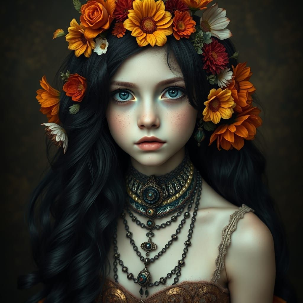 Gothic Baroque Portrait of a Young Girl in Autumnal Floral A...