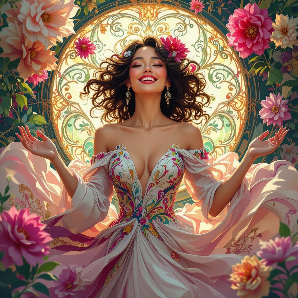Joyful Woman in Floral Art Nouveau Style