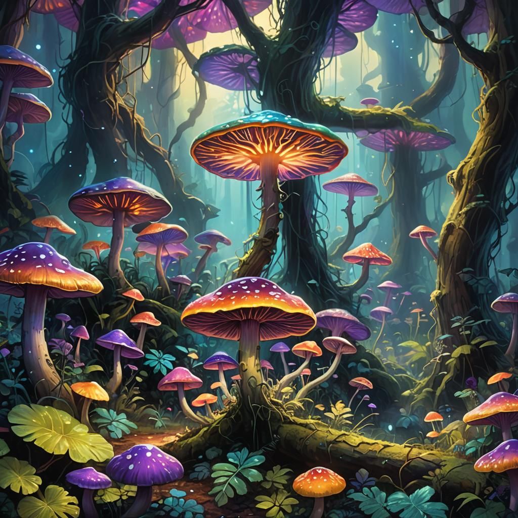 Vibrant Jungle Realm of Glowing Mushrooms