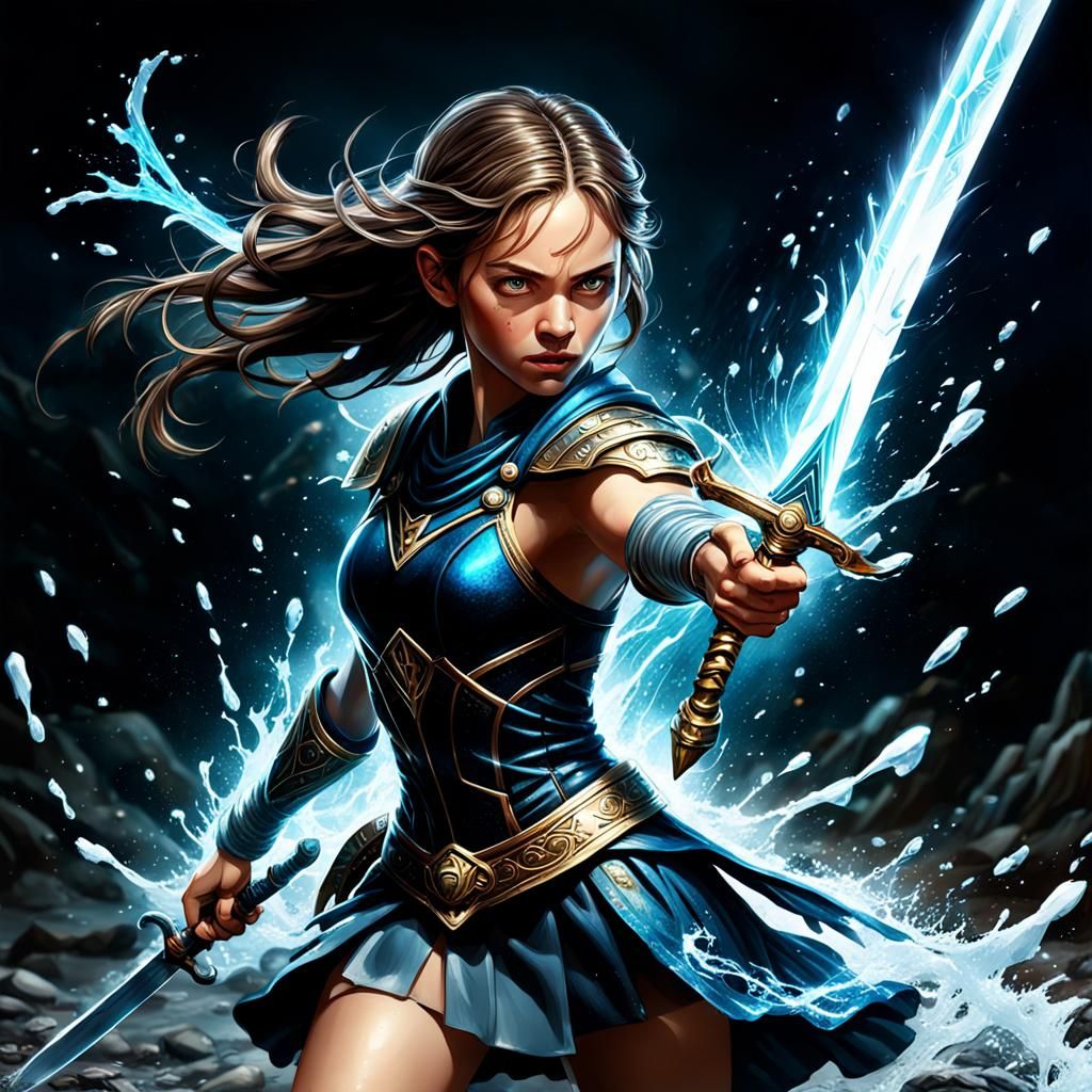 Ethereal Warrior with Magical Sword, Illuminated by Thunder....