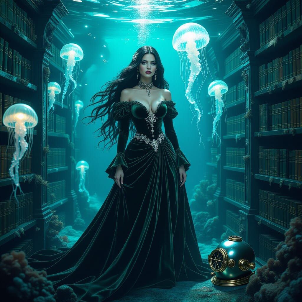 Gothic Woman in Underwater Library, Dark Fantasy Art