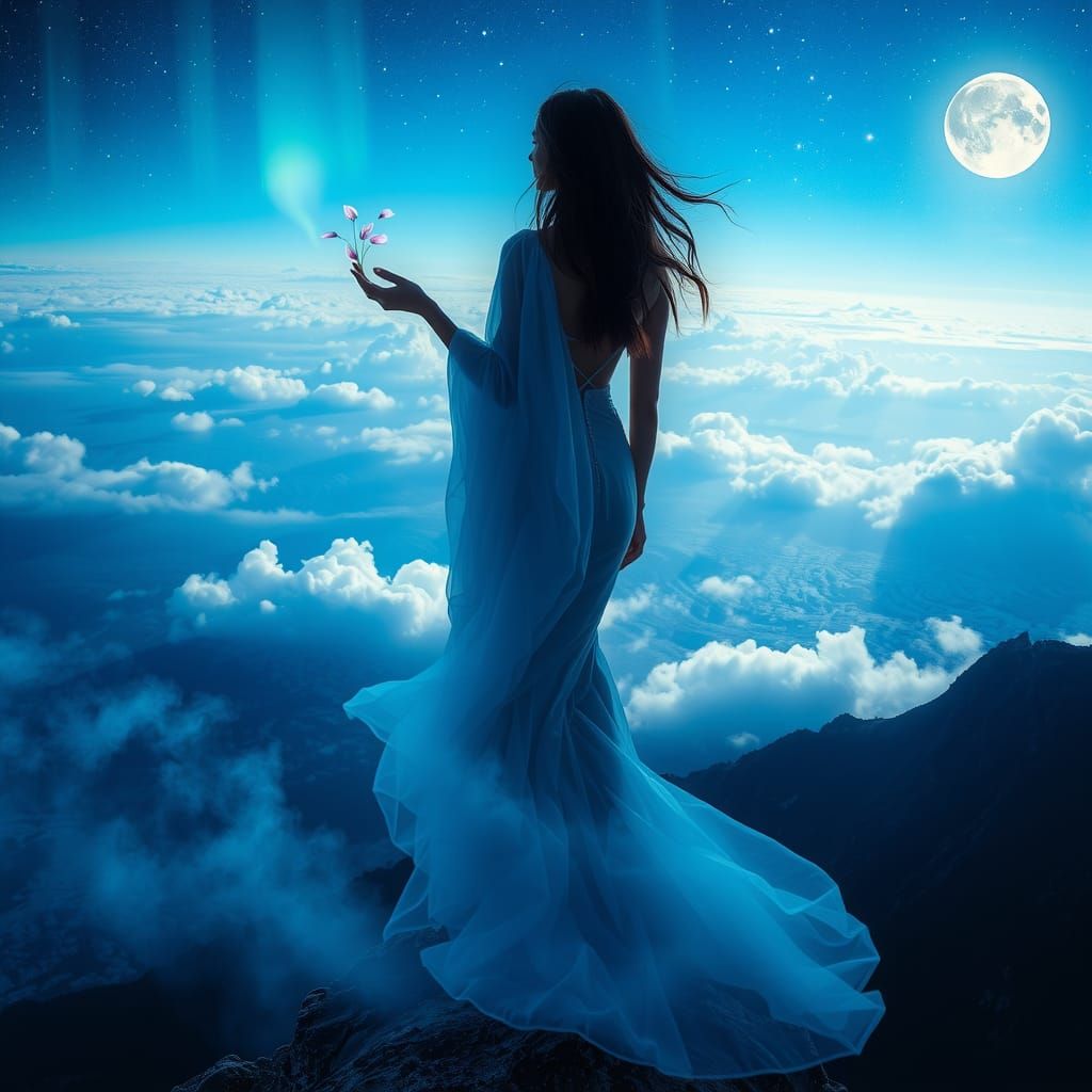 Ethereal Woman Gazes Out at Celestial Expanse