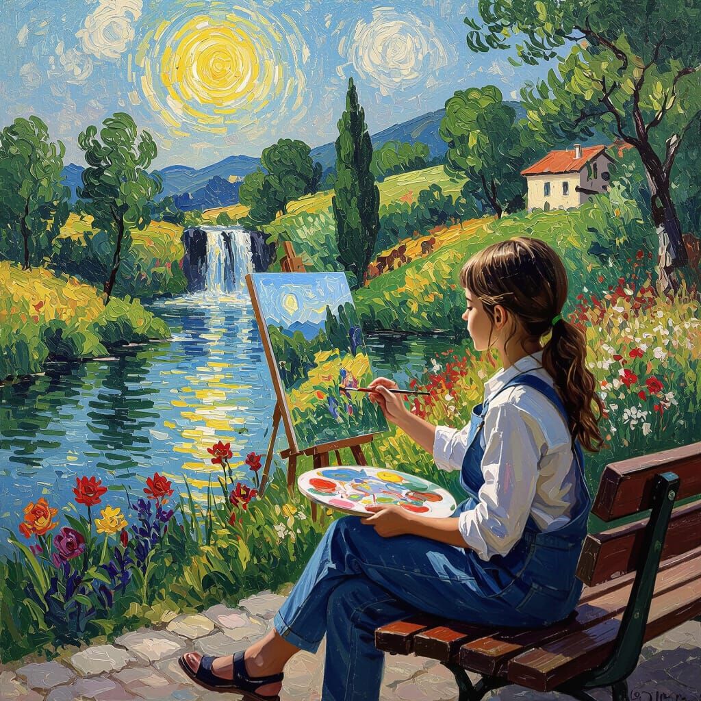 Girl Painting Nature Scene in Impressionistic Style