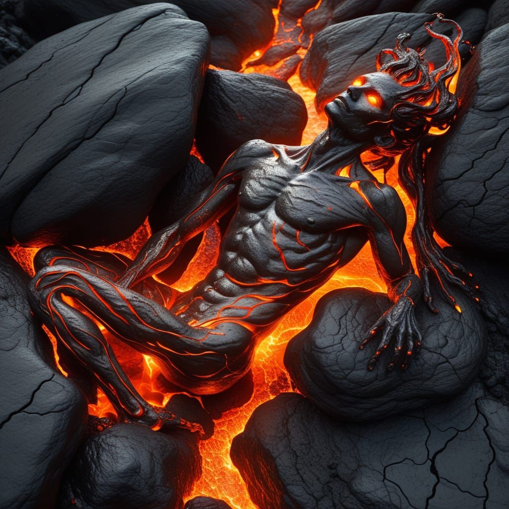 Lava Man Crawling: Hyper-Realistic Digital Art
