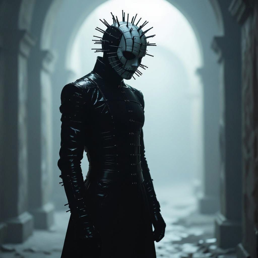 Dark Cenobite Figure in Gothic Industrial Scene