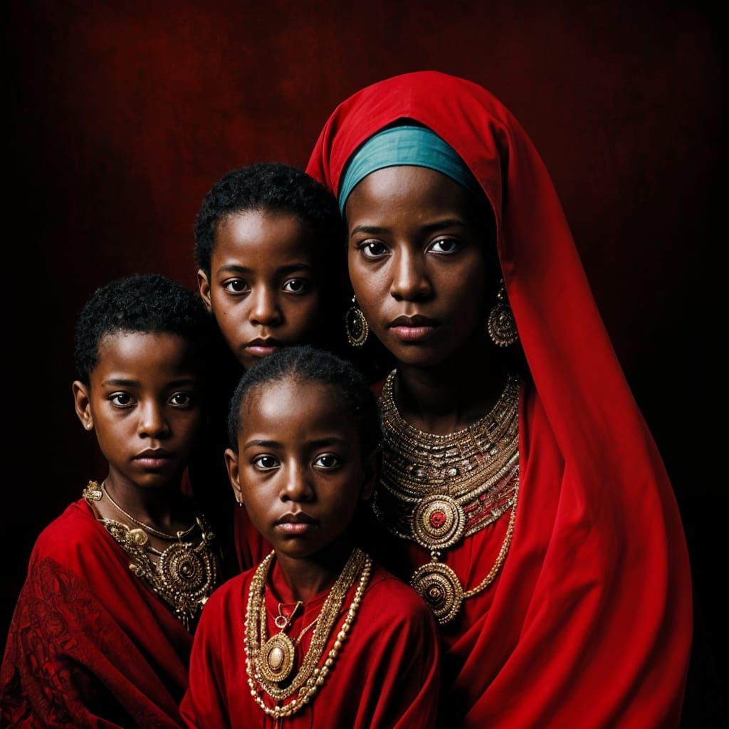 Black Madonna with Sons in Moody Studio Portrait