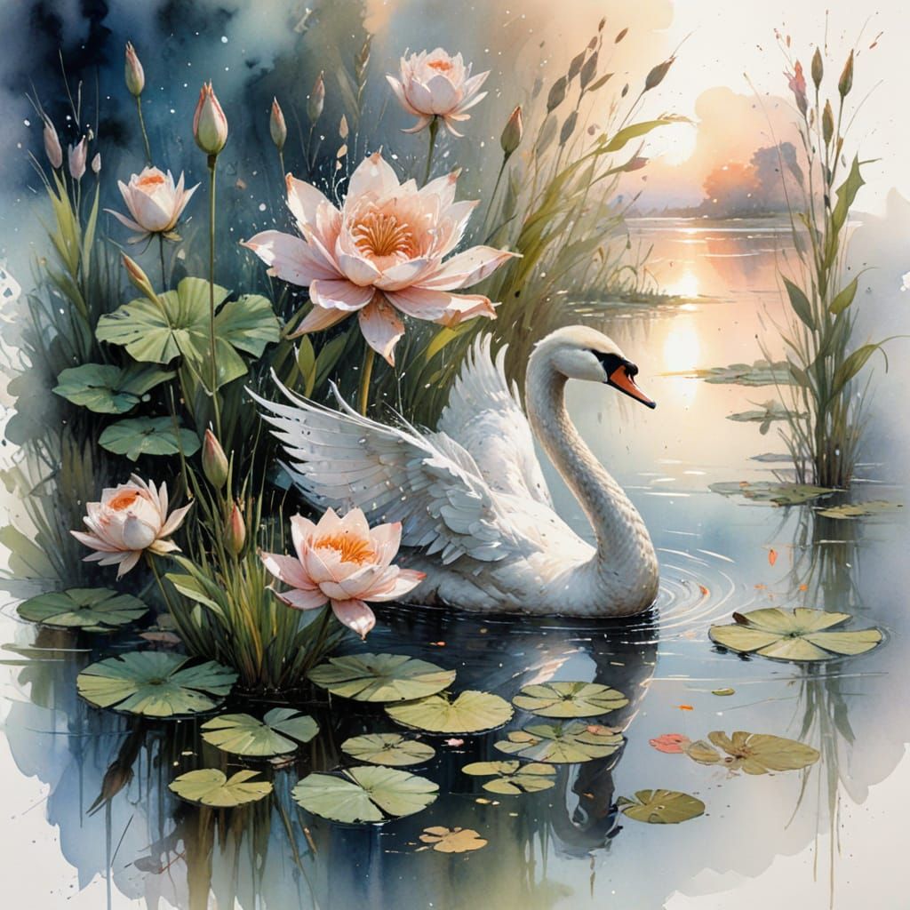Swan on Twilight Lily Pond in Watercolor Style