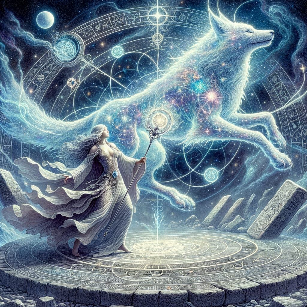 Sorceress and Celestial Wolf in Ancient Stone Circle