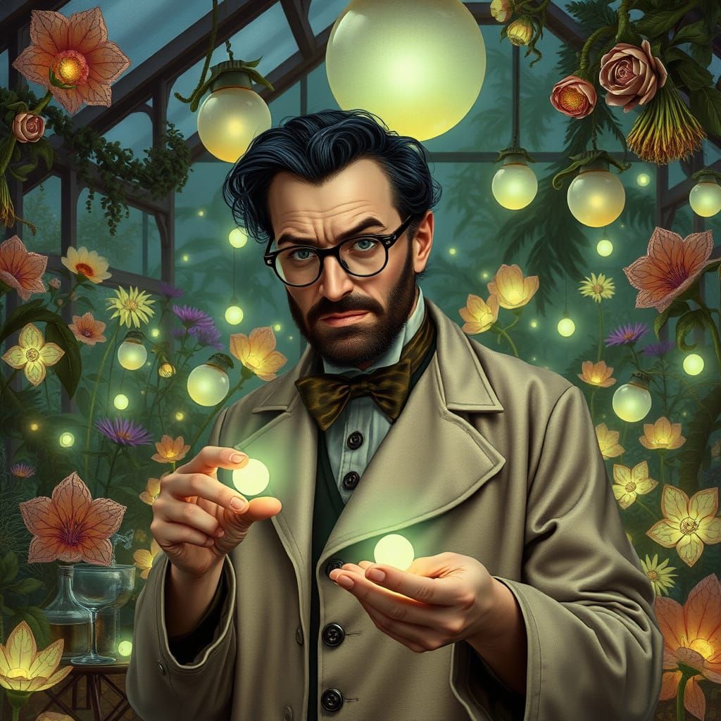 Victorian Scientist and Bioluminescent Plants in Steampunk S...