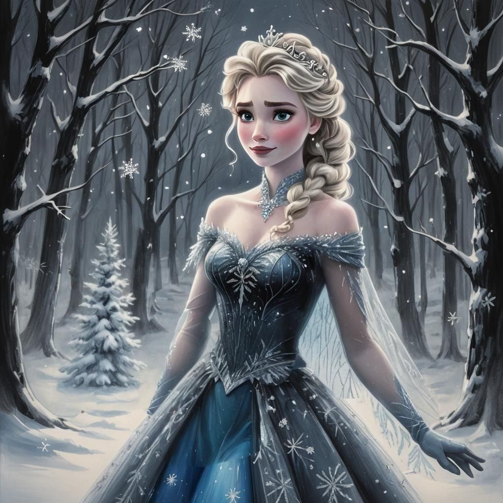 Disney Princess Elsa in Charcoal Drawing