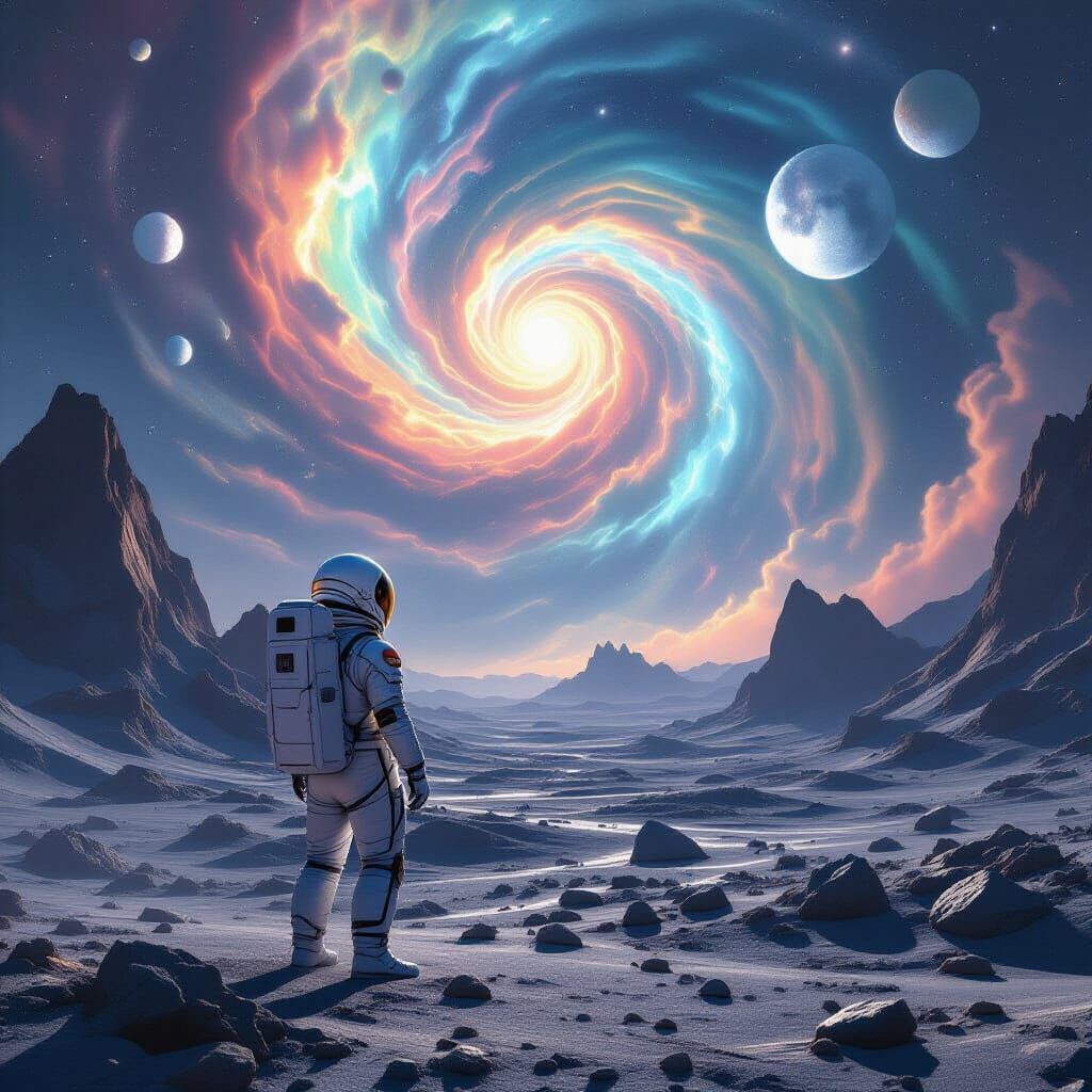 Astronaut on Alien Planet Under Iridescent Nebulae Sky