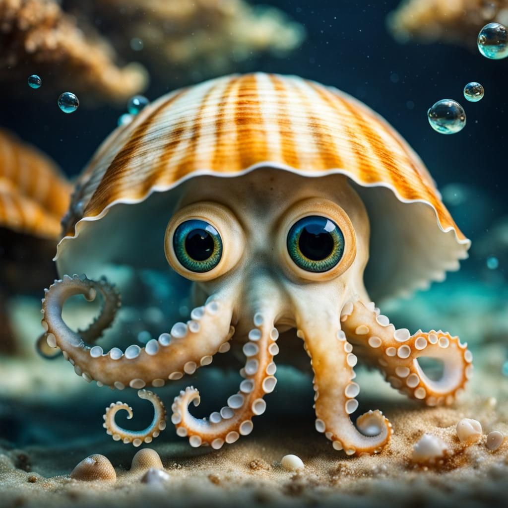 Tiny Octopus Peeking from Seashell on Ocean Floor