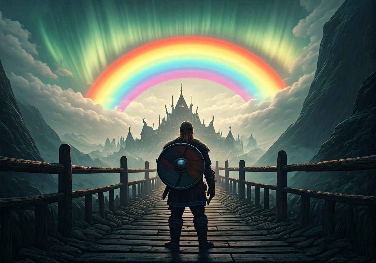 Viking Warrior Stands Vigilant at Glowing Rainbow Bridge