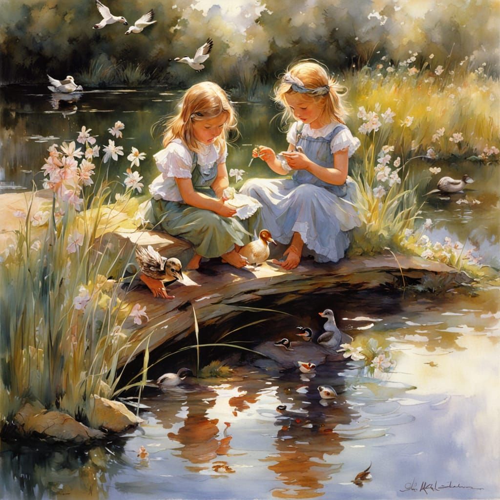 Girls in Whimsical Watercolor Style Feed Ducks by Pond