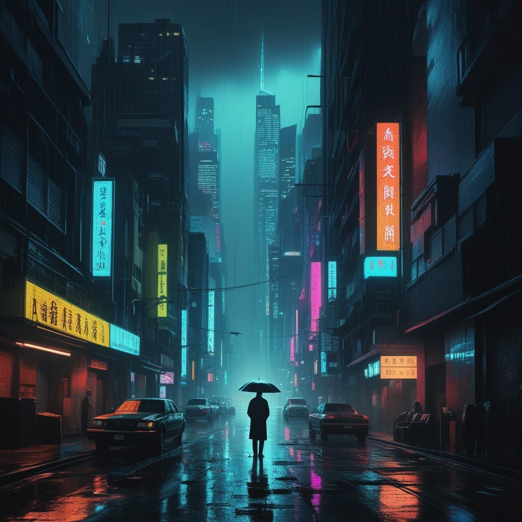 Rainy City Nightscape in Film Noir Style