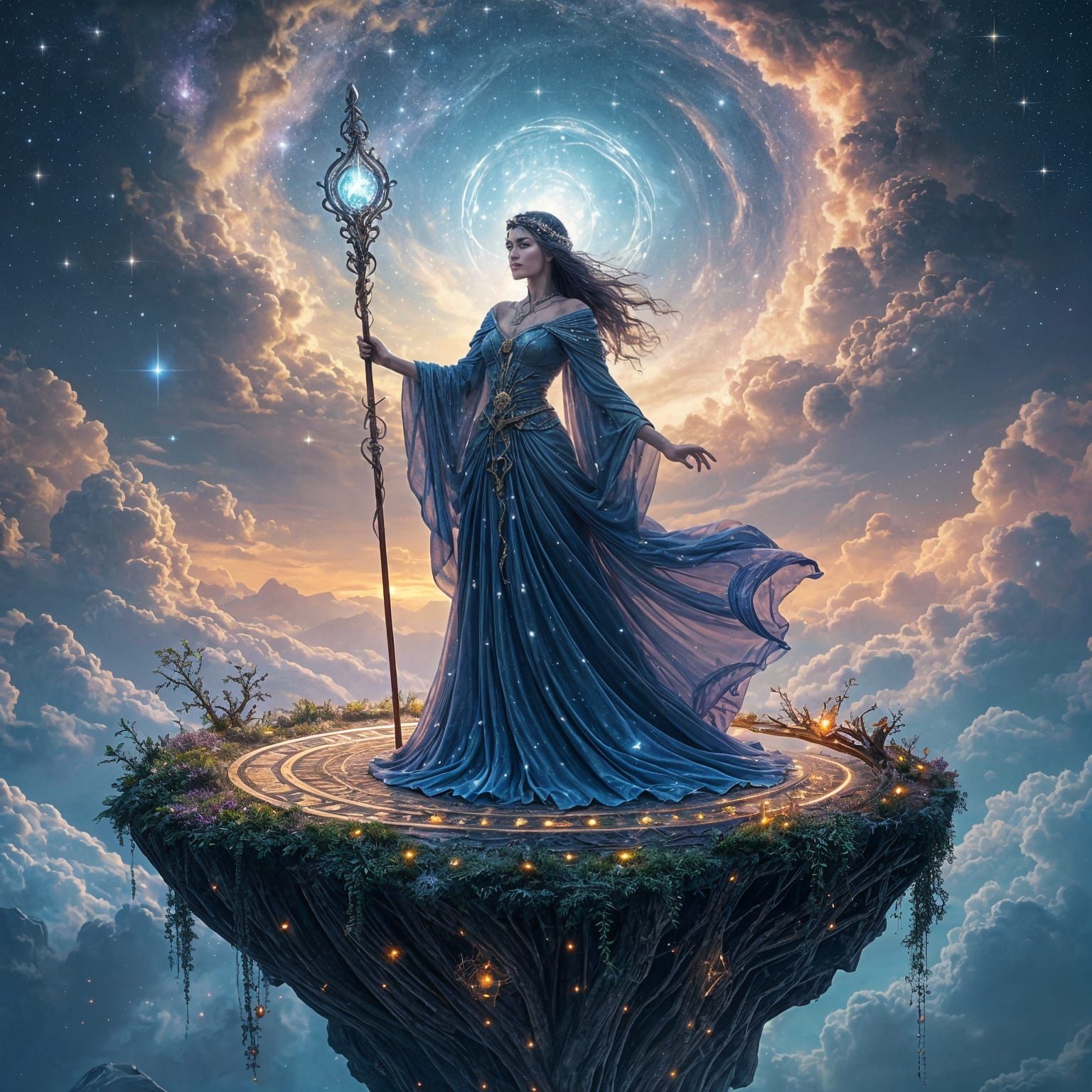 Celestial Sorceress on Floating Island in Surreal Style