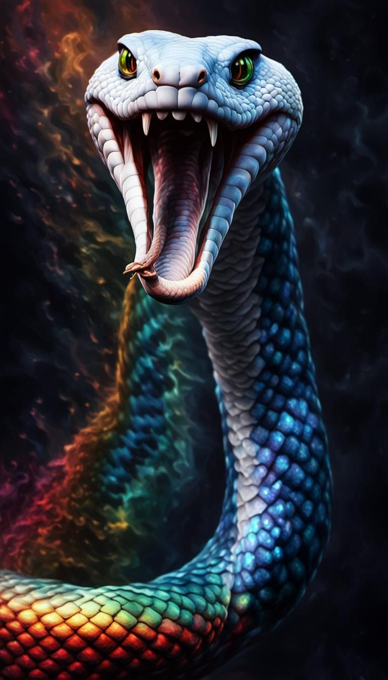 Surrealistic Spectral White King Cobra Striking in Brilliant...