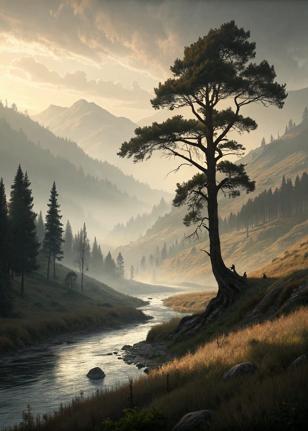 Solitary Tree Silhouetted against Misty Valley