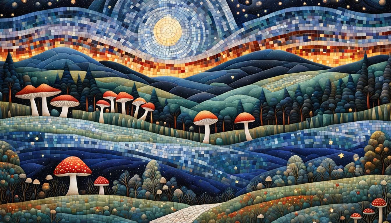 Fantastical Patchwork Mosaic Night Scene