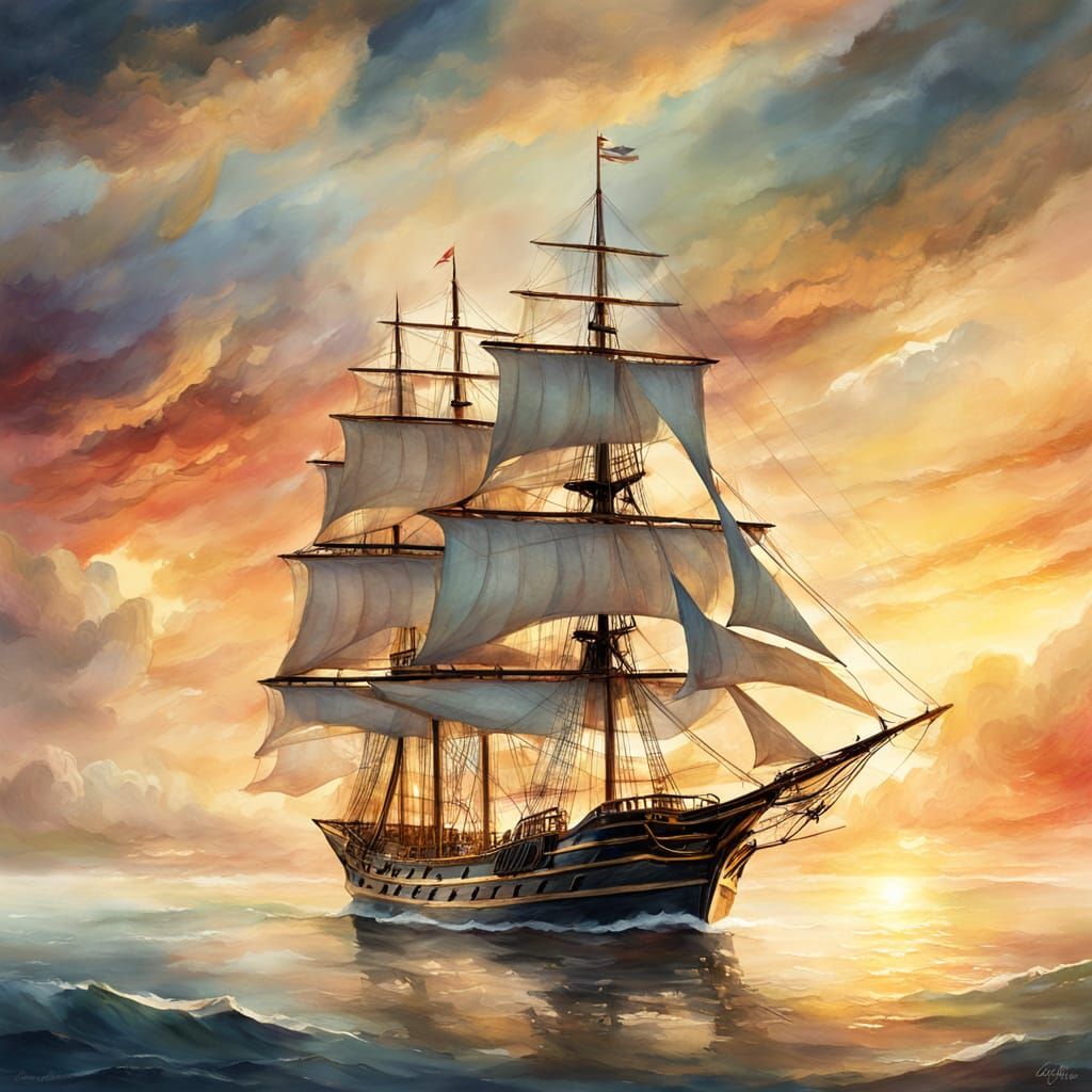 Galleon Sails on Twilight Sea in Watercolor Style