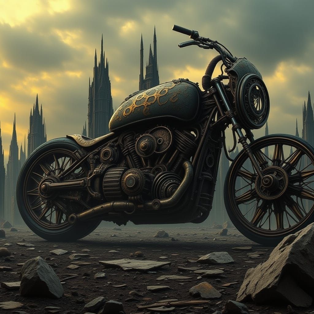 Steampunk Motorcycle in Ruined City
