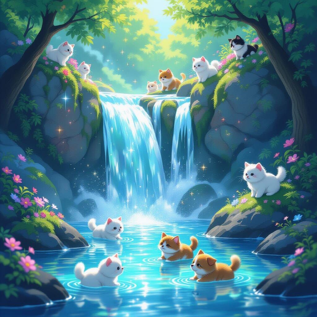 Starlight Waterfall with Kittens and Puppies in Ghibli Style