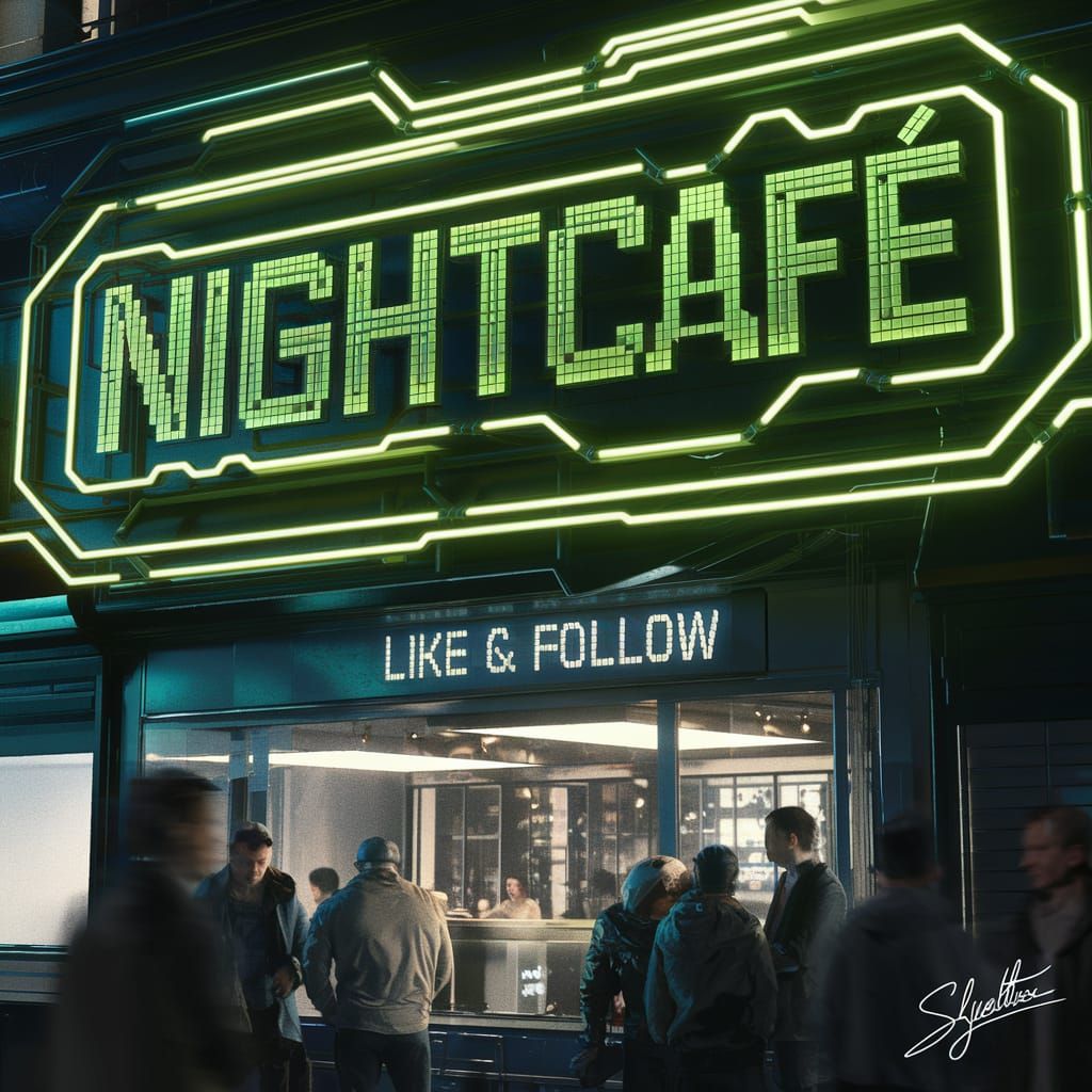 Glowing Neon NightCafé in Futuristic Cityscape