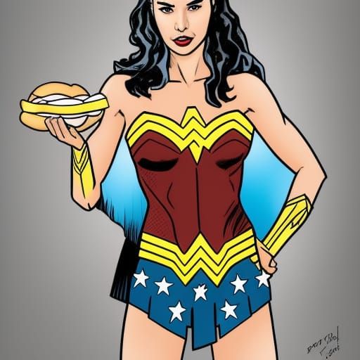 Gal Gadot in Wonder woman costume, using mouth eating sandwi...